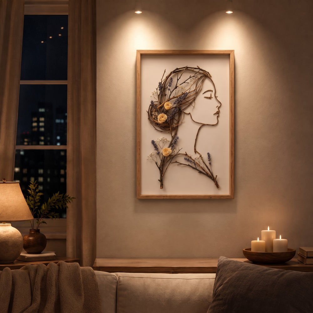 Lavender Rose Muse Framed Botanical Woman Wall Art – Handmade Natural Twig Sculpture or 3D Textured Relief Art