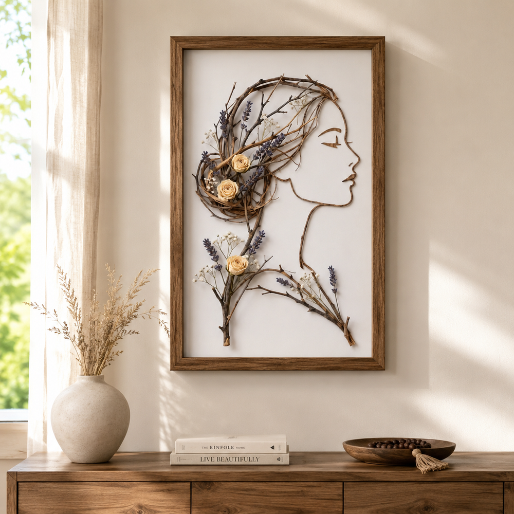Lavender Rose Muse Framed Botanical Woman Wall Art – Handmade Natural Twig Sculpture or 3D Textured Relief Art