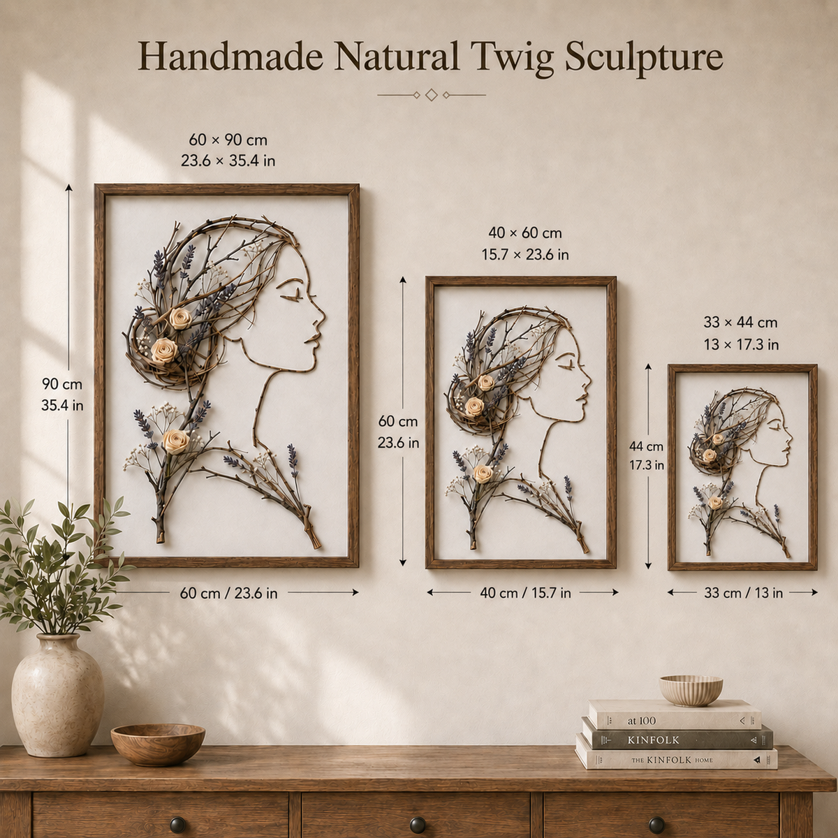 Lámina de pared botánica enmarcada de mujer, Lavanda Rosa Musa – Escultura artesanal de ramas naturales o arte en relieve texturizado 3D