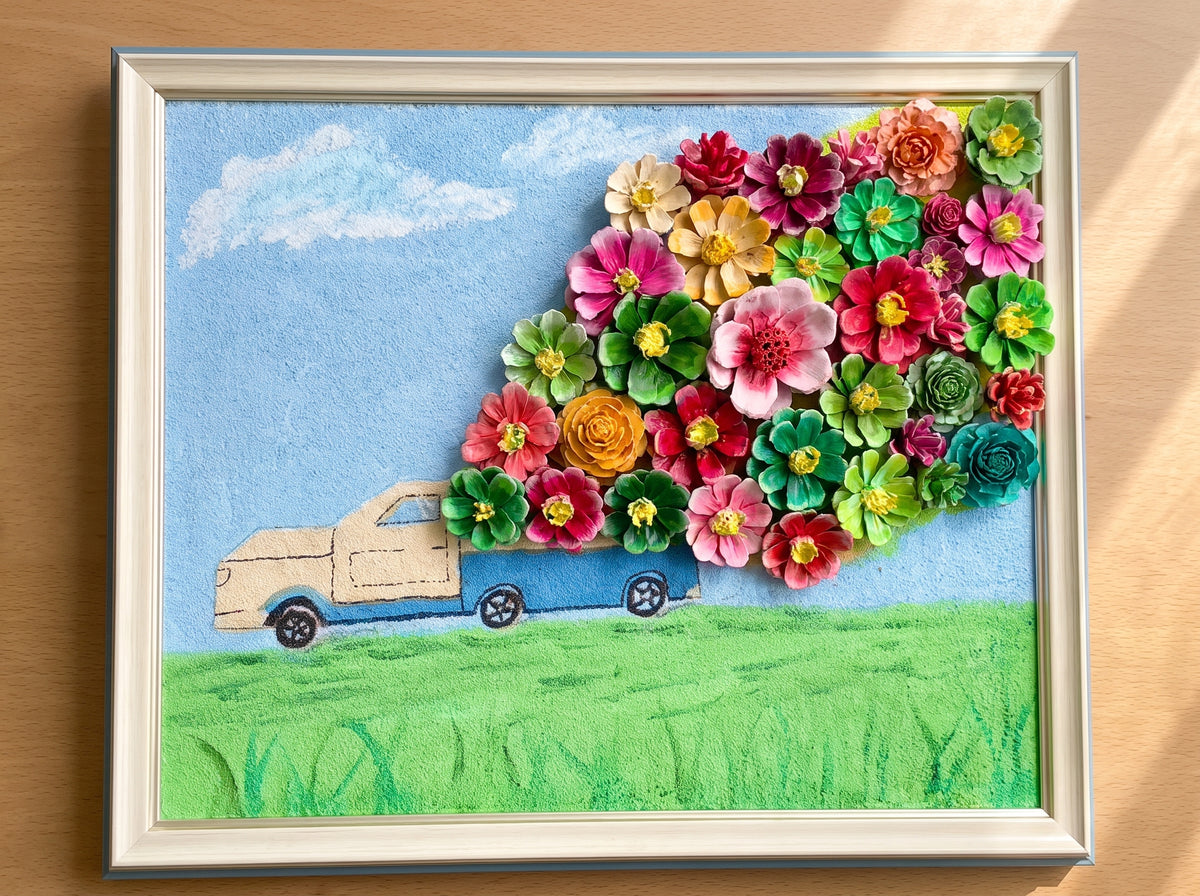 Arte de pared de flor de piña 3D hecha a mano – Arte texturizado de técnica mixta enmarcado