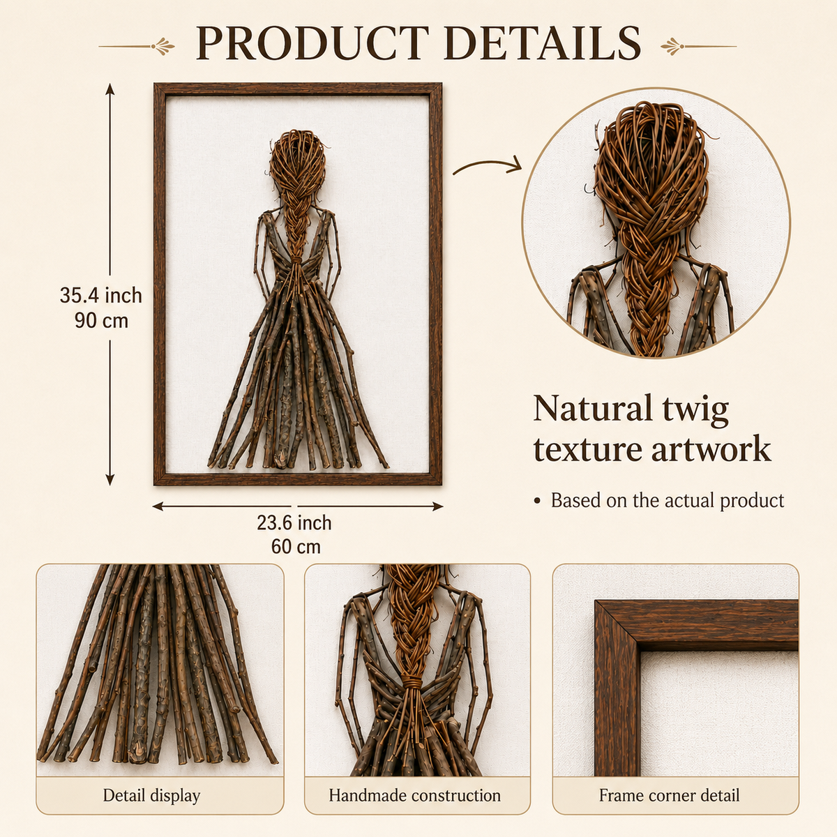 Handmade Botanical Woman Wall Art – Handmade Natural Twig Sculpture or 3D Textured Relief Art