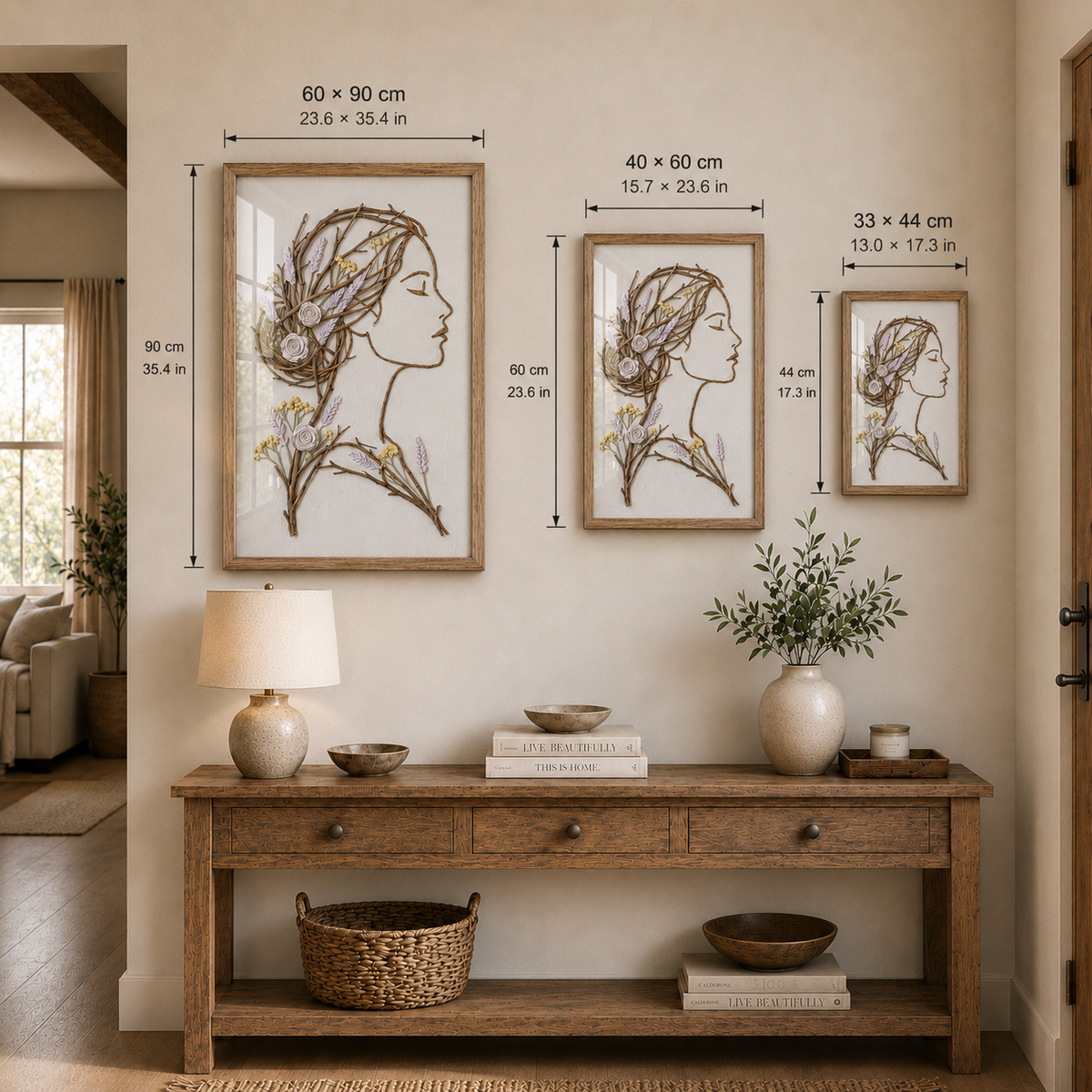 Lavender Rose Muse Framed Botanical Woman Wall Art – Handmade Natural Twig Sculpture or 3D Textured Relief Art